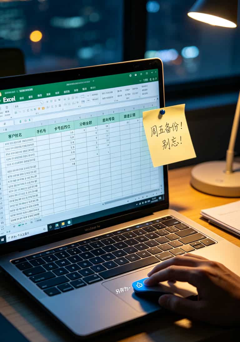 一个叫“电信接入点”的东西,让我干电销每月少赚2000块(附三个真实踩坑案例) 电脑屏幕上显示Excel客户数据表格,正在点击“另存为”到云盘