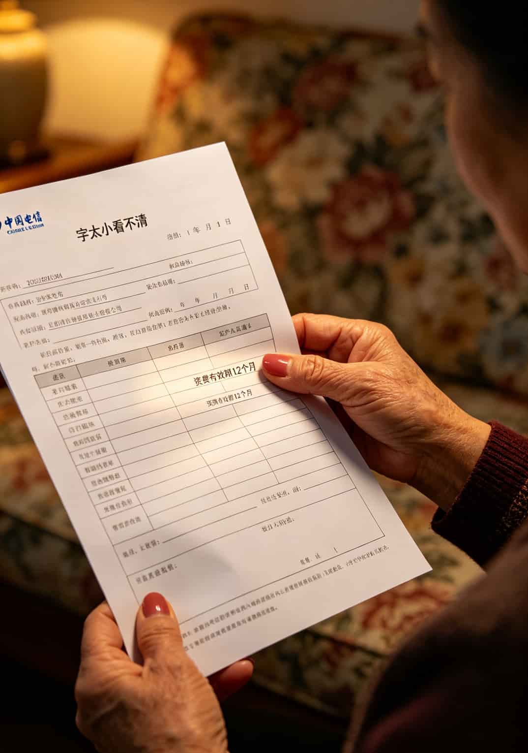 一份显示小字条款的电信业务受理单示例