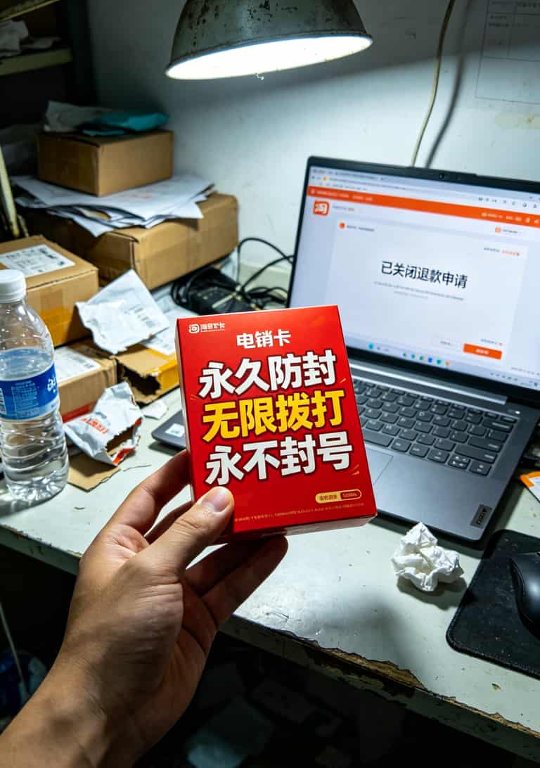 淘宝上电销卡虚假宣传截图风格照片，写着“永久防封”“无限拨打”等违规广告词