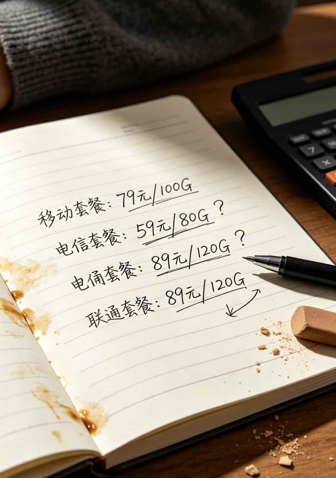 三大运营商套餐对比手写笔记，字迹潦草有涂改痕迹