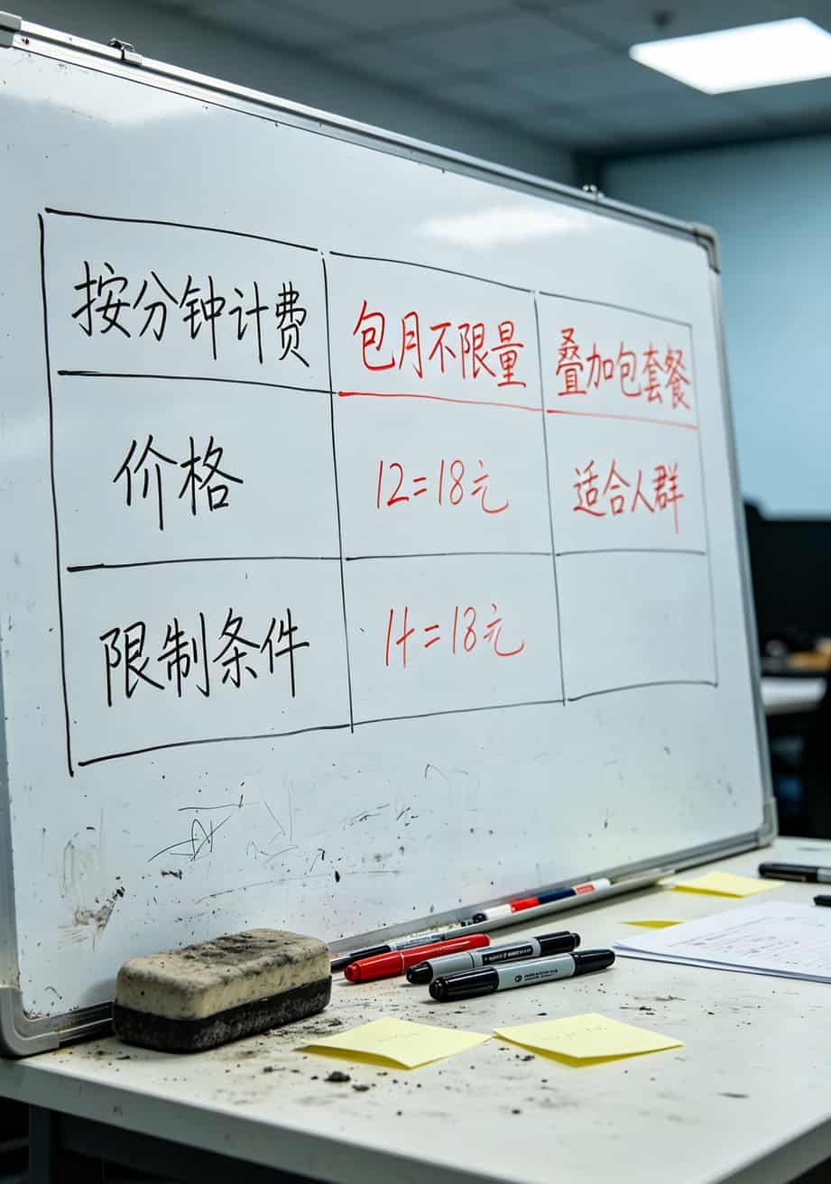 三种套餐类型对比表格（按分钟/包月/叠加包）