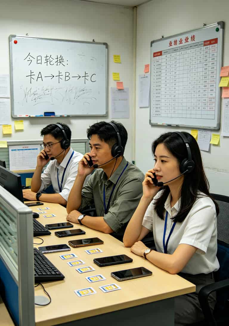 跑了6家电销卡店,我最后办了张中国电信流量套餐(附避坑清单) 电销团队办公室,几个人正在用轮换策略拨打客户电话