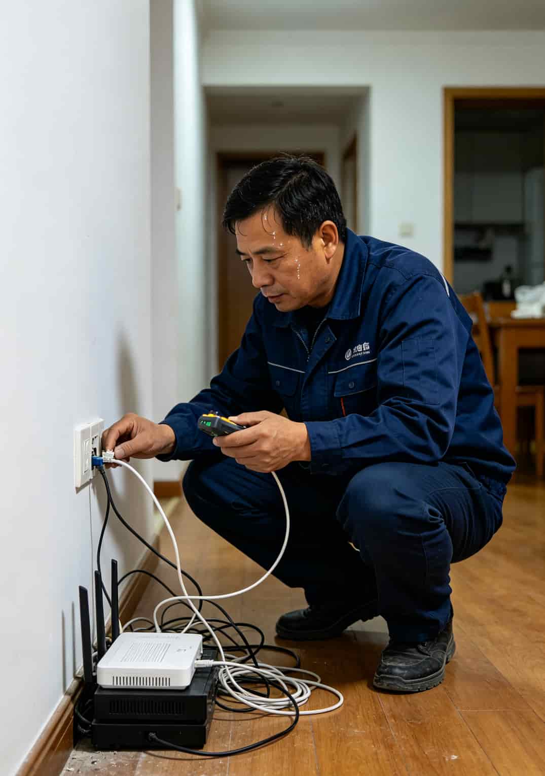 装机师傅正在检查墙上的网线接口和路由器连接情况
