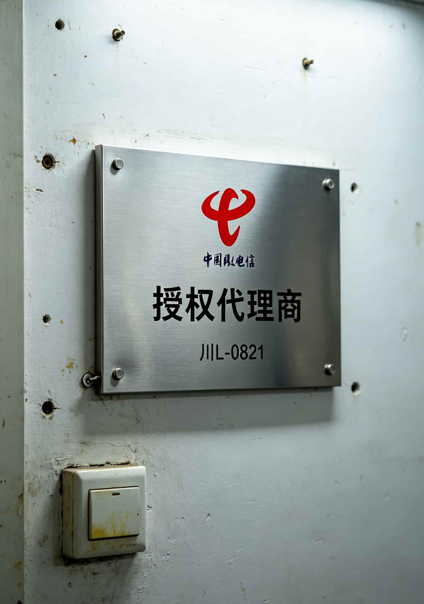 电信代理授权牌挂在墙上的特写