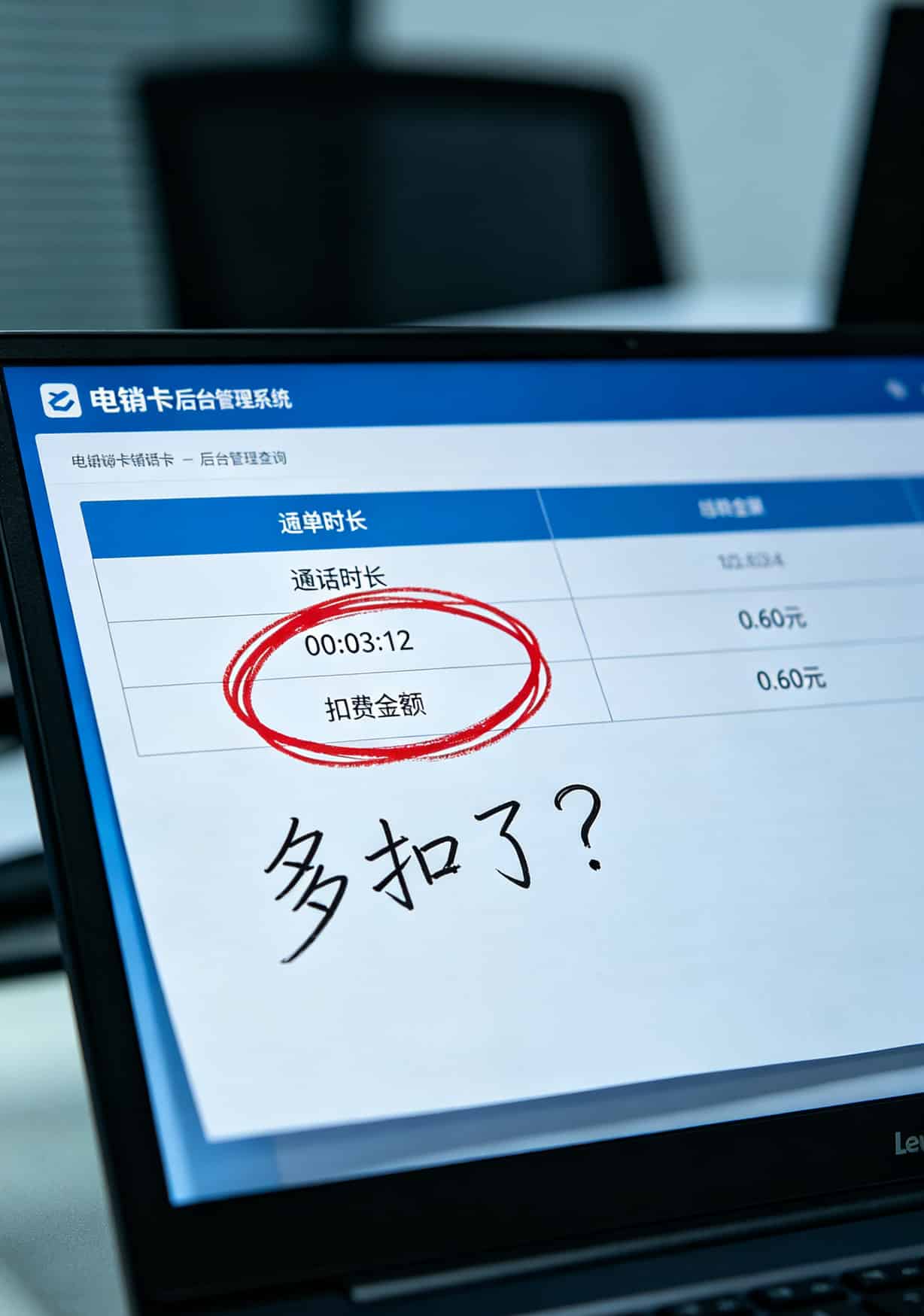 电销卡后台话单查询页面，红圈标注通话时长和扣费金额不一致处