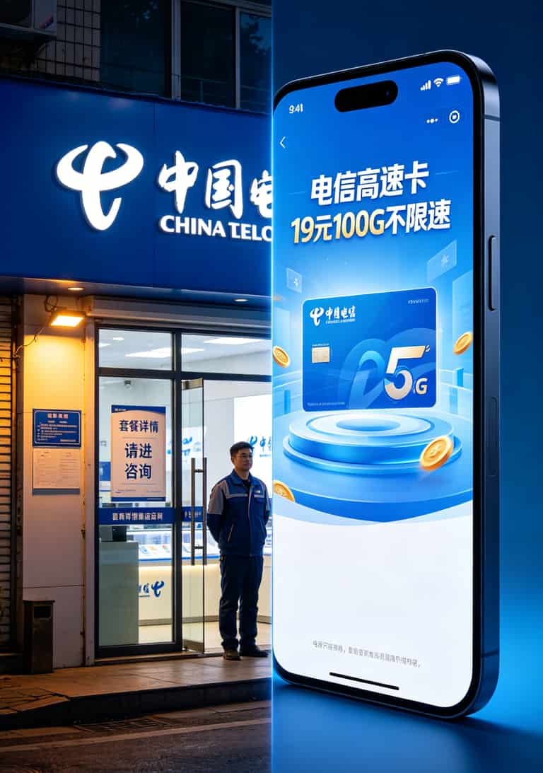 电信营业厅门口实拍，对比线上办卡广告截图