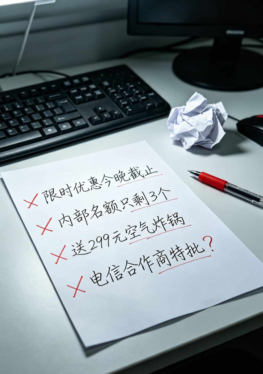 电信星驰卡值不值?我办废三张卡才整明白这些门道 电销话术记录截图,红色标出“限时”“内部名额”“送礼品”等关键词