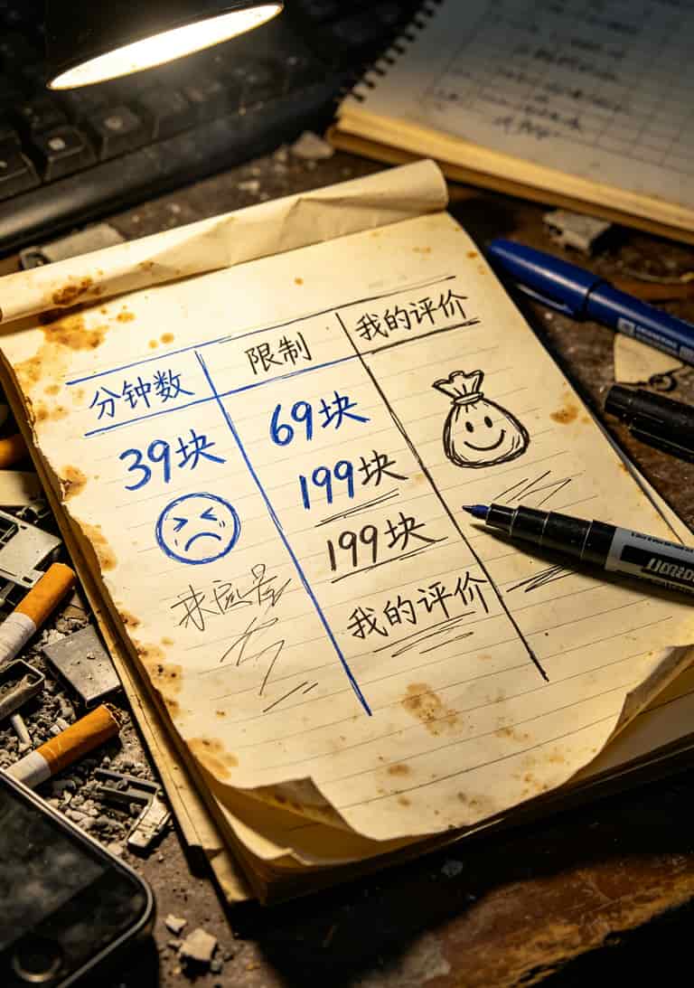 三种电销卡套餐对比表格，月租39元、69元、199元标注优缺点