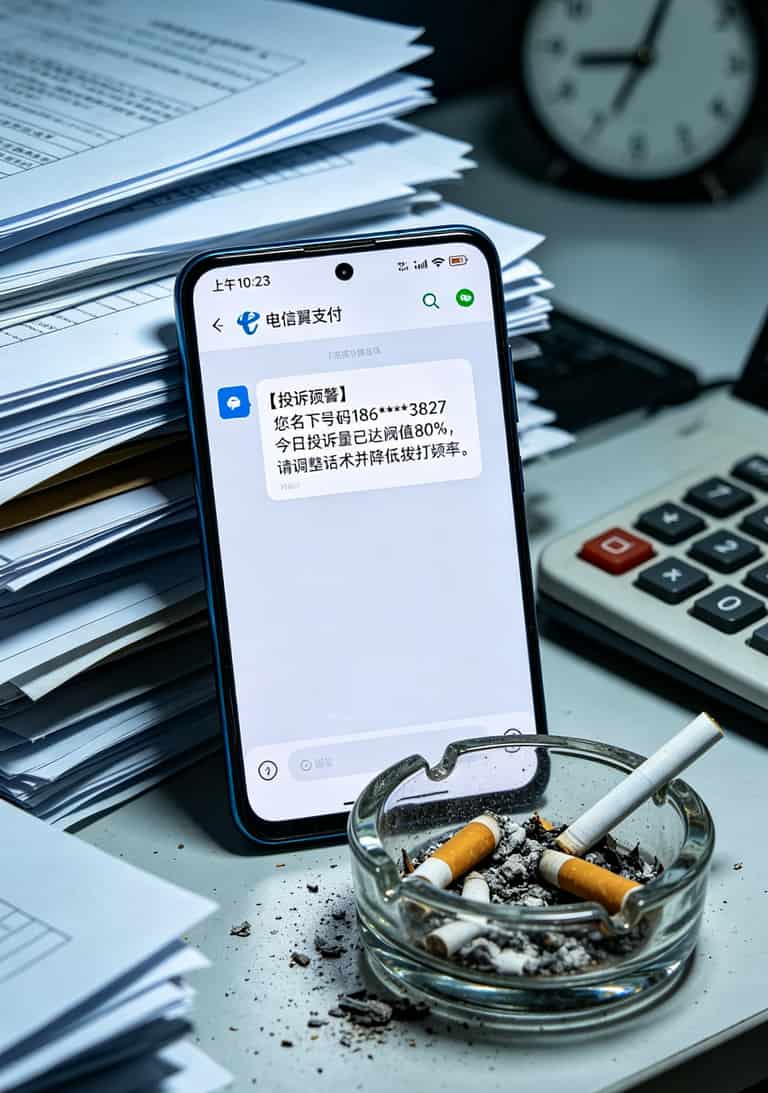 在郑州农业路蹲了仨小时,我把电信翼支付电销卡的账算明白了 投诉预警短信截图,显示“今日投诉量已达阈值80%”