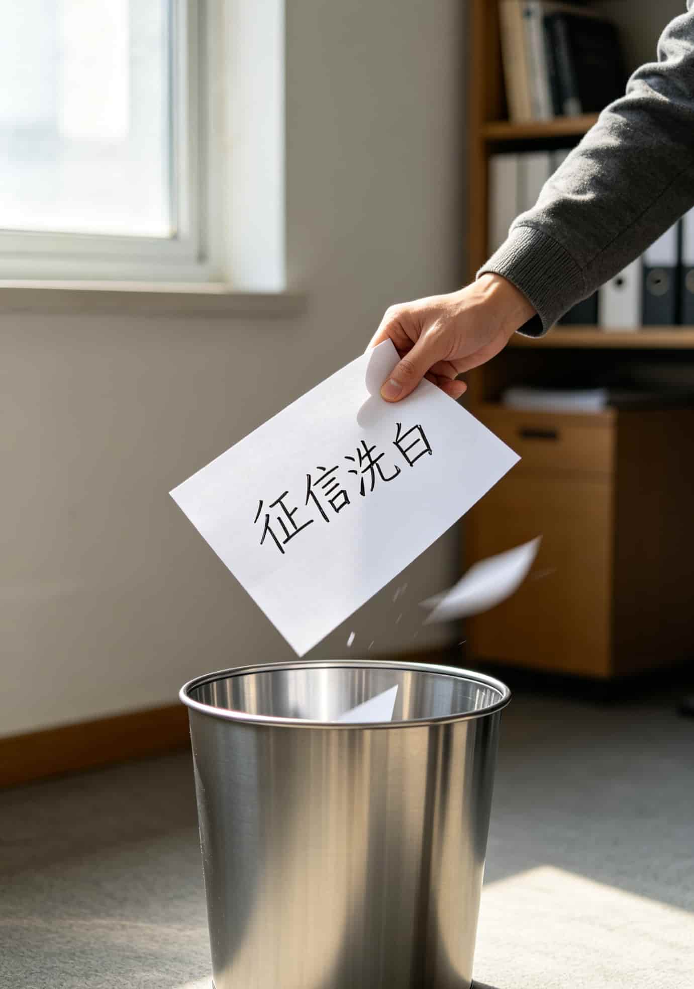 一个人把写着“征信洗白”的纸张扔进垃圾桶
