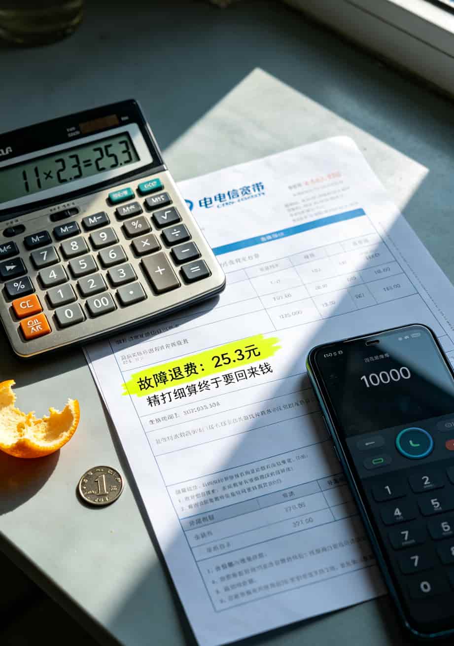 计算器旁边放着手机和宽带账单显示退费金额