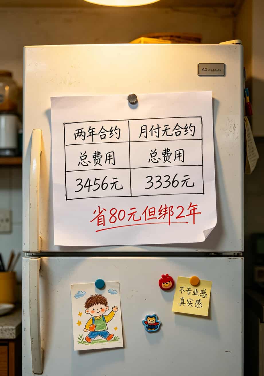 宽带两年合约和月付无合约费用对比表格