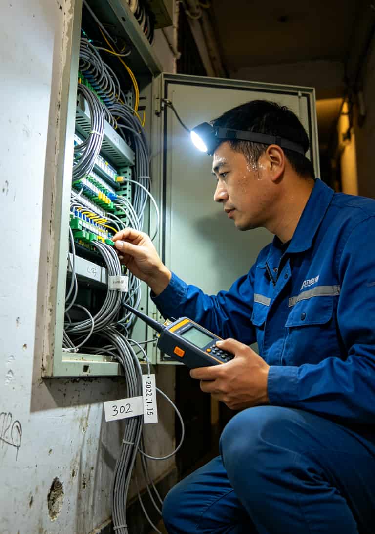 一个叫“电信接入点”的东西,让我干电销每月少赚2000块(附三个真实踩坑案例) 宽带工程师蹲在弱电箱前调试线路,手中拿着网络测试仪