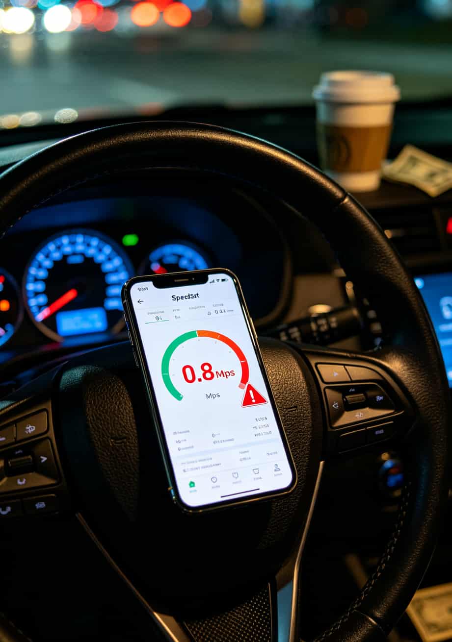 手机网速测试截图，上行速度显示0.8Mbps，红色警告标志