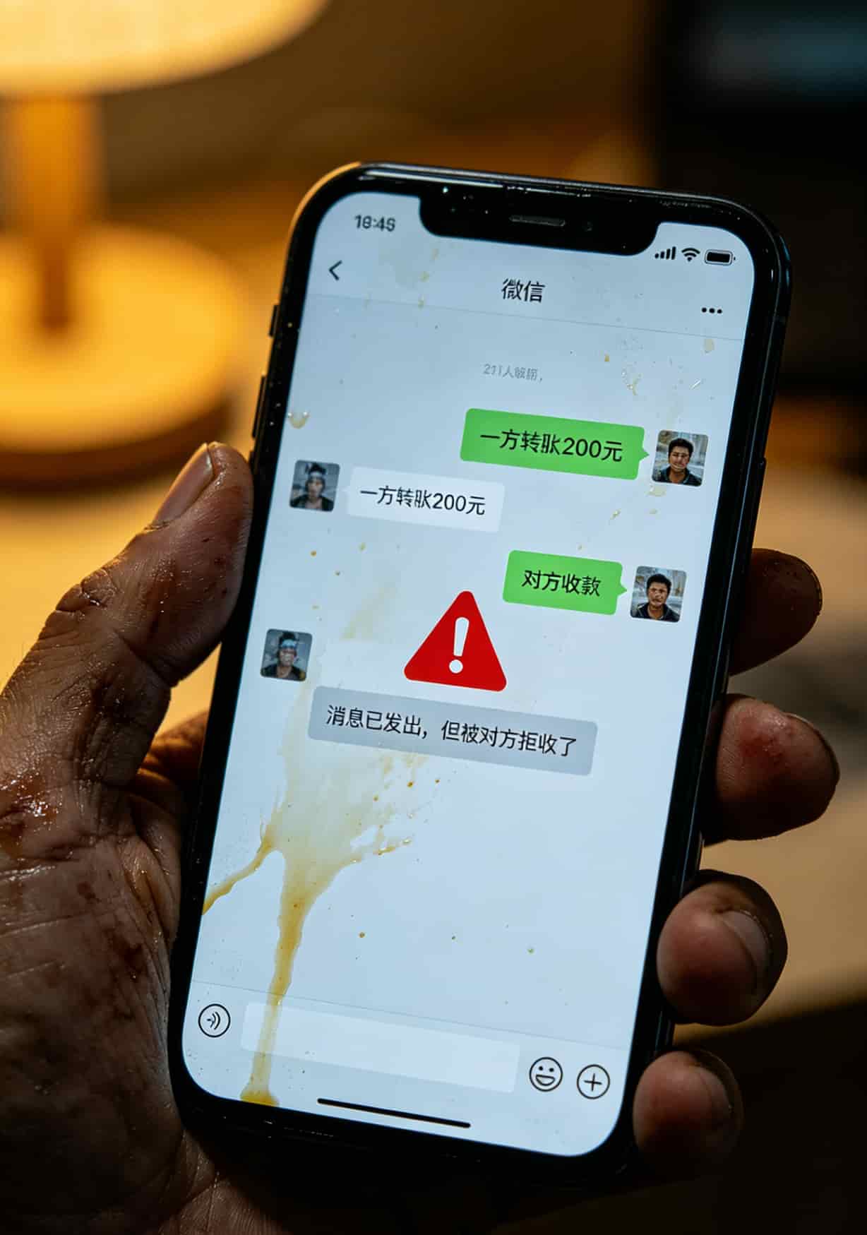 微信聊天记录截图，显示转账后被拉黑的红色警告提示