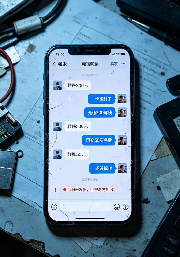 微信聊天记录截图，显示电销卡卖家拉黑用户