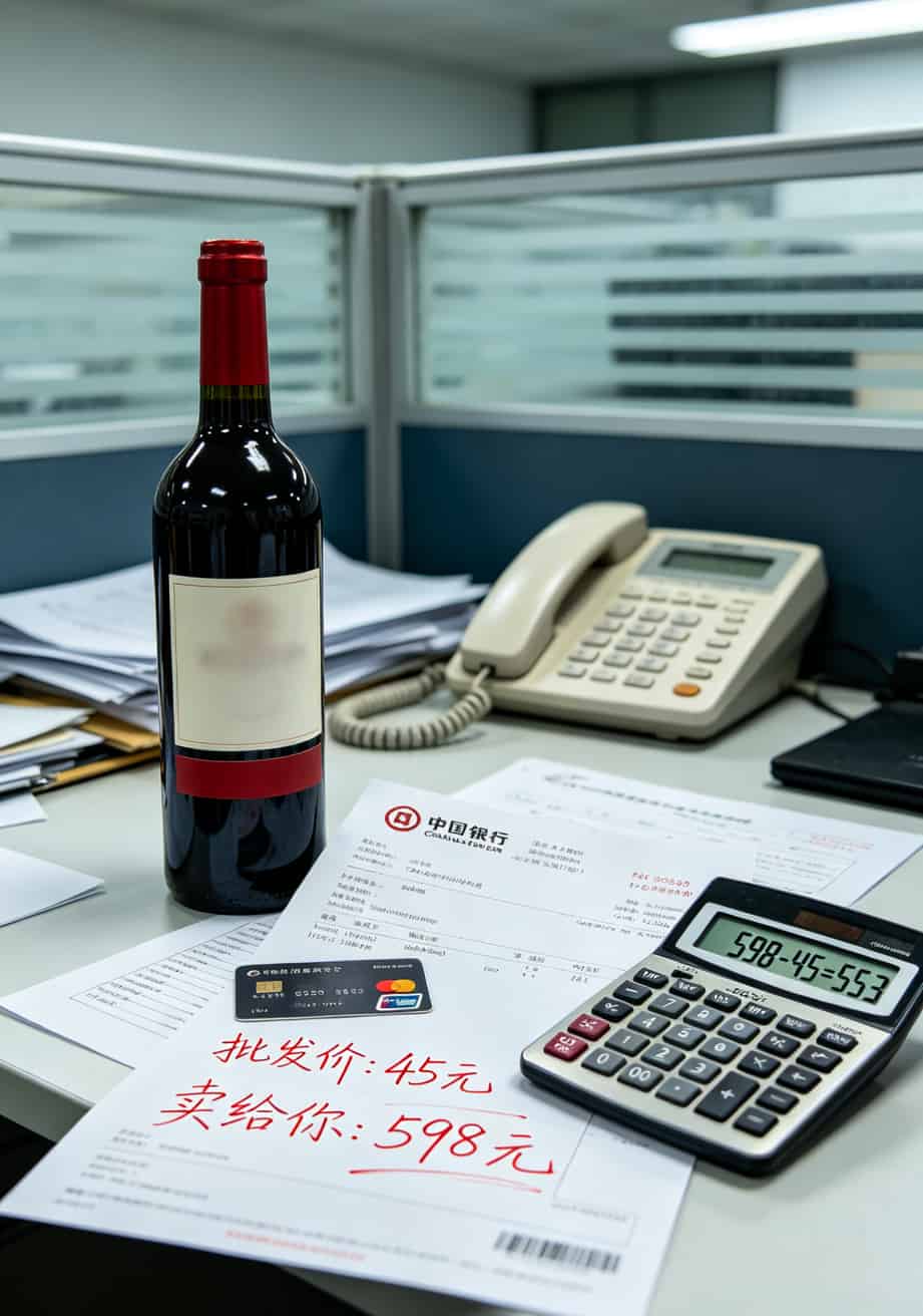 一瓶红酒旁边放着一个计算器和一张银行账单