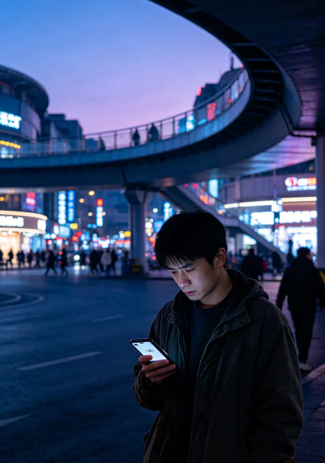 武汉光谷街头，年轻人拿着手机看信号格显示无服务的照片
