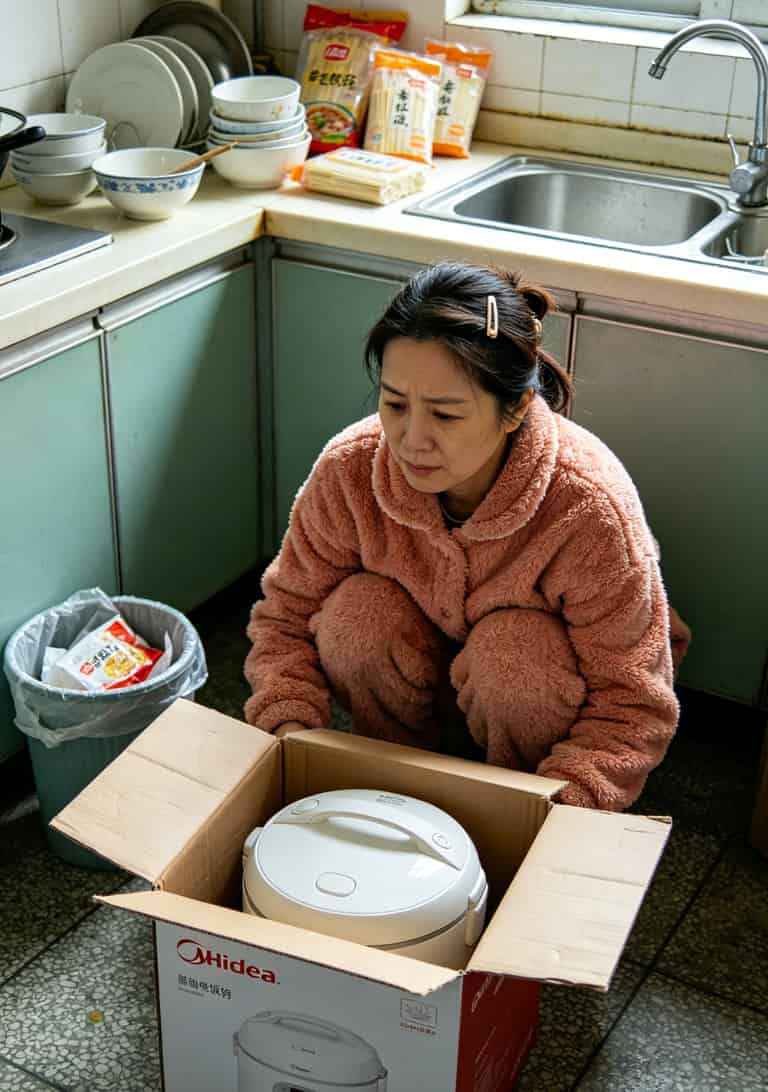 小林拆开快递箱子，里面是一个杂牌电饭煲