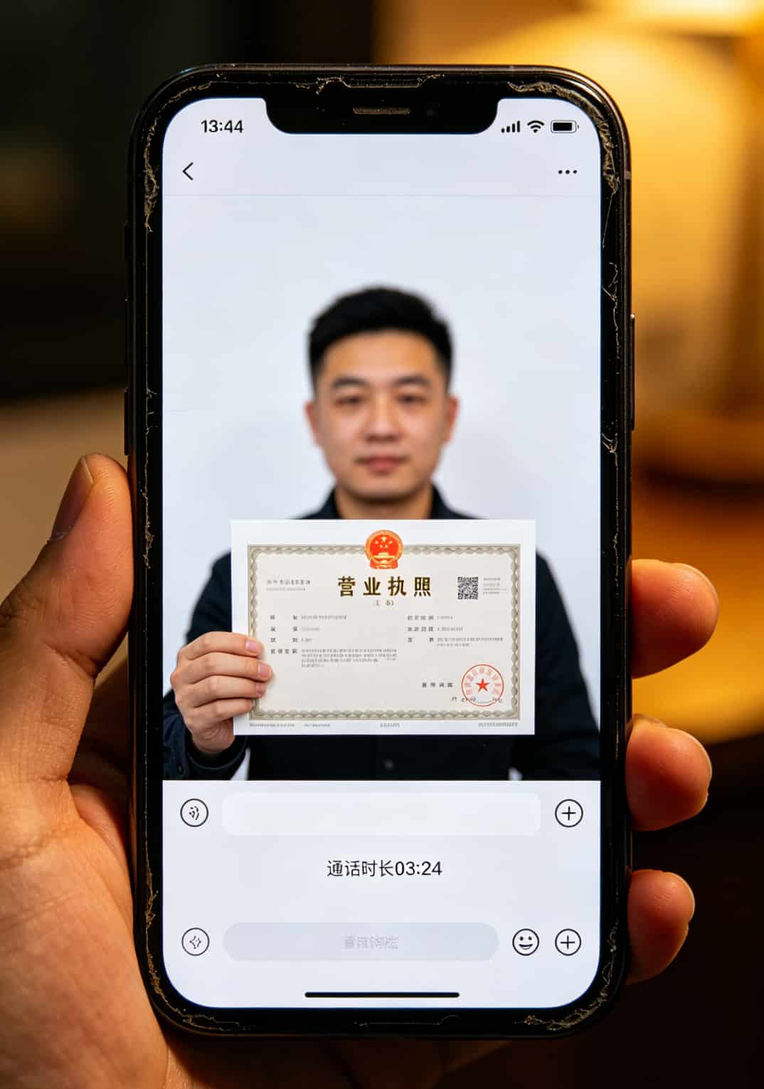 手机屏幕显示与卖家的聊天记录，卖家正在视频通话验证身份