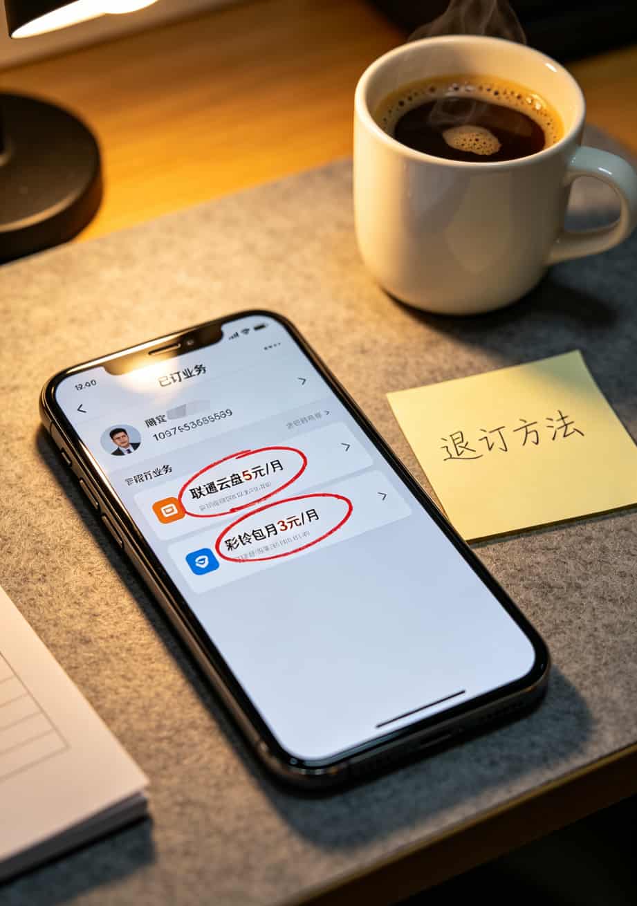 运营商APP已订业务页面截图，红圈标出两个隐藏扣费项目