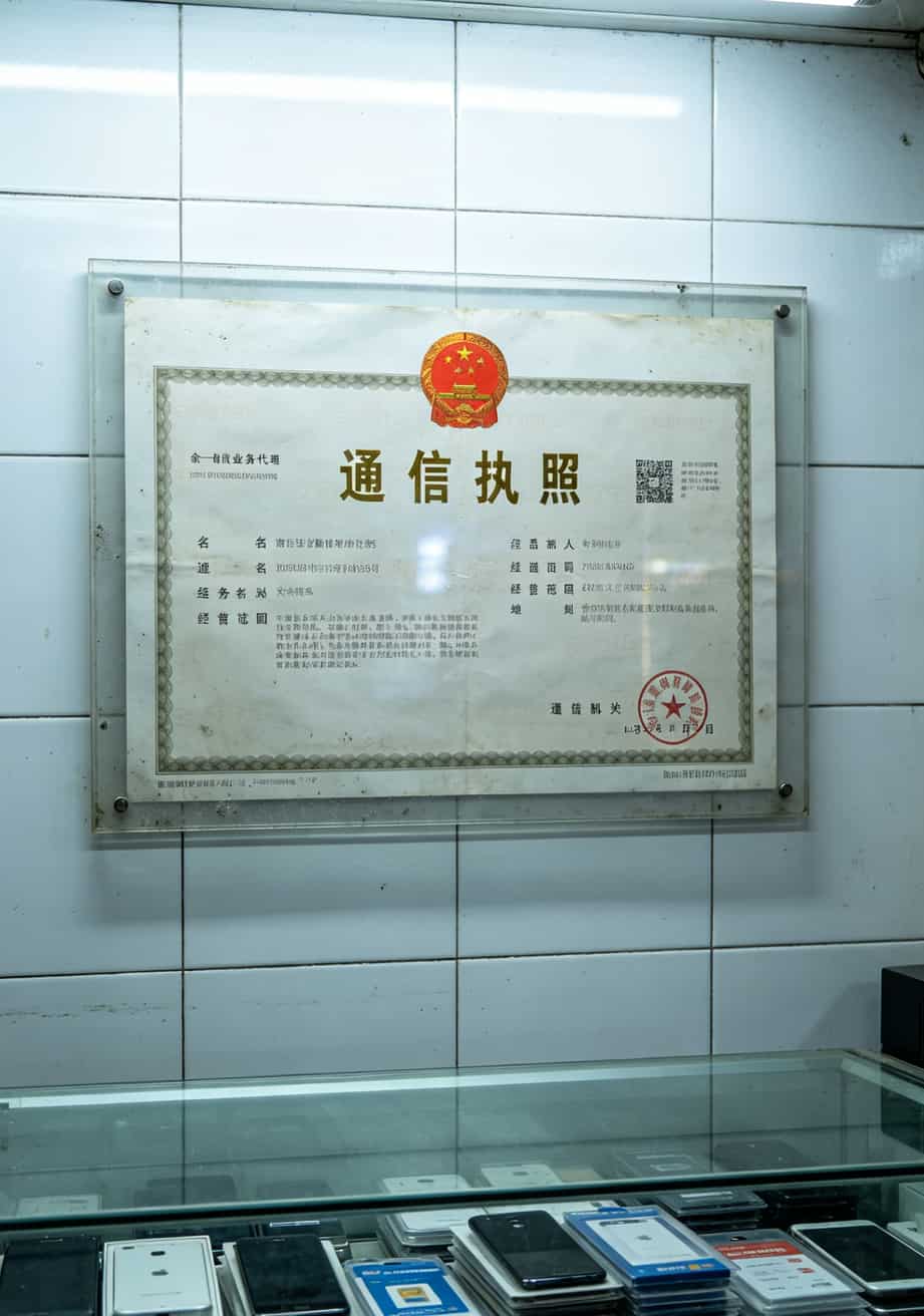 一张营业执照挂在墙上，上面有公章和经营范围