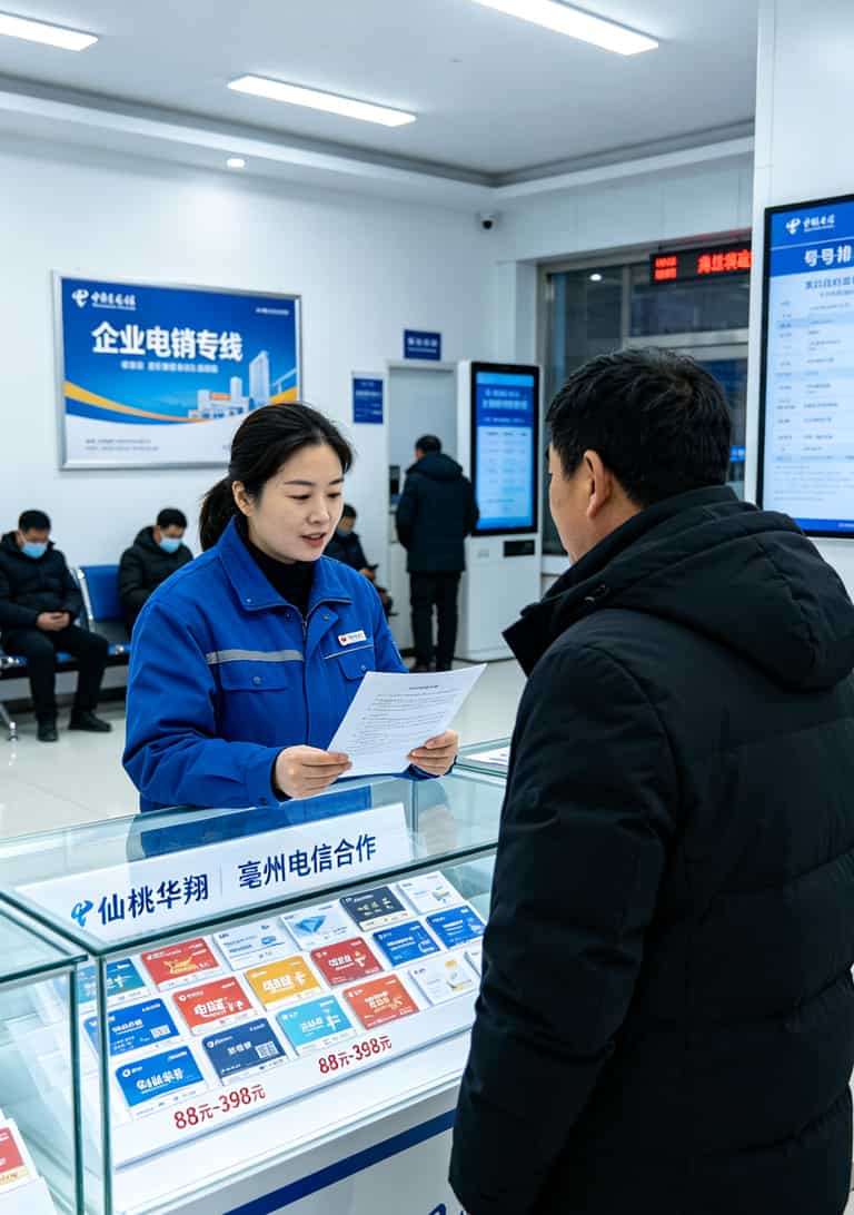 干电销第八年,我把家底都抖出来了:电信国际漫游怎么开通,还有那些卡商听了想打人的真话 亳州电销卡线下营业厅办卡场景,柜台展示各种套餐