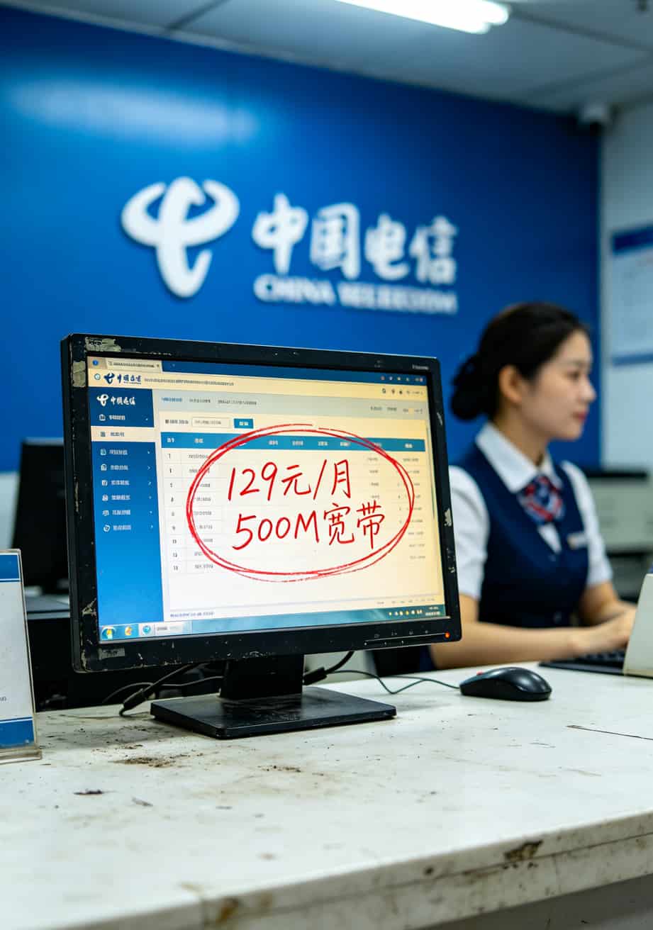 电信营业厅柜员电脑屏幕上的标准价目表，红框标出129元套餐