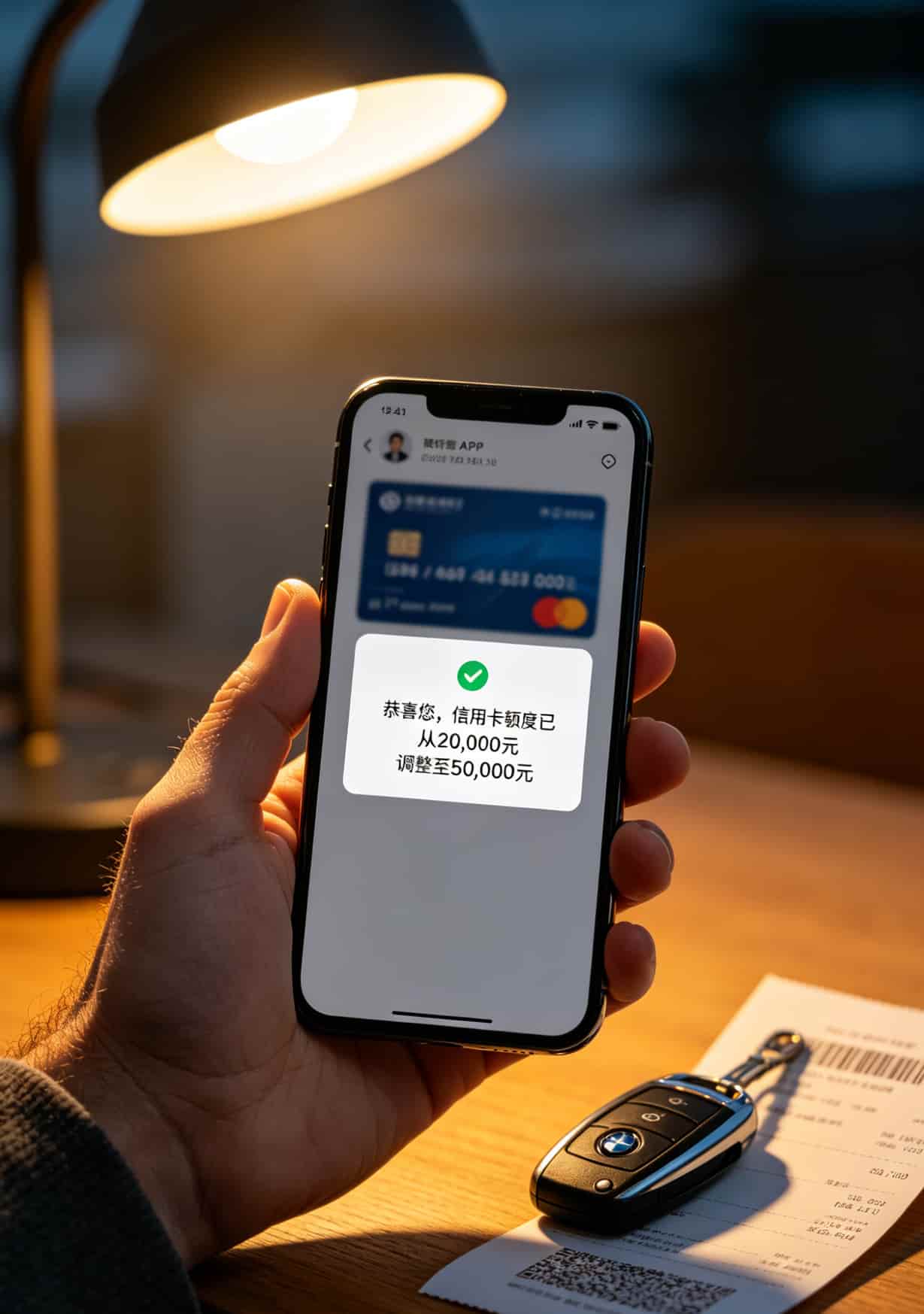 手机银行APP显示信用卡额度从2万提升到5万的通知