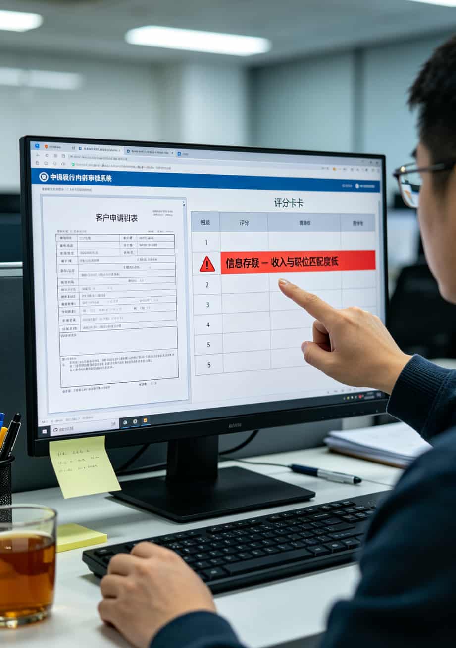银行信用卡审核系统界面截图，显示“信息存疑”标记