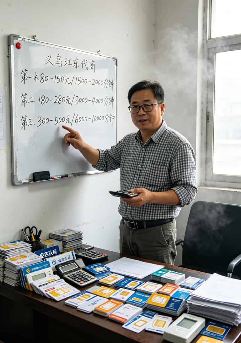 义乌电销卡市场三档套餐对比实拍图，标注价格和分钟数及适用人群