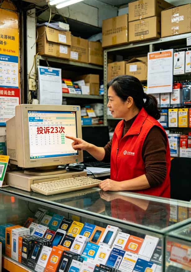 跑了6家电销卡店,我最后办了张中国电信流量套餐(附避坑清单) 义乌商贸城电销卡实体店柜台,老板正在展示号码查询软件