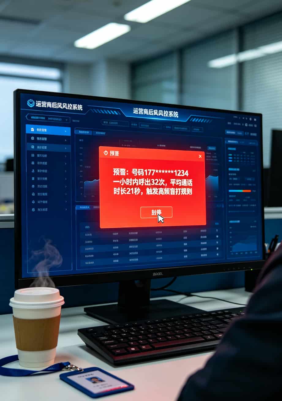 运营商风控系统界面，显示高频呼出预警弹窗