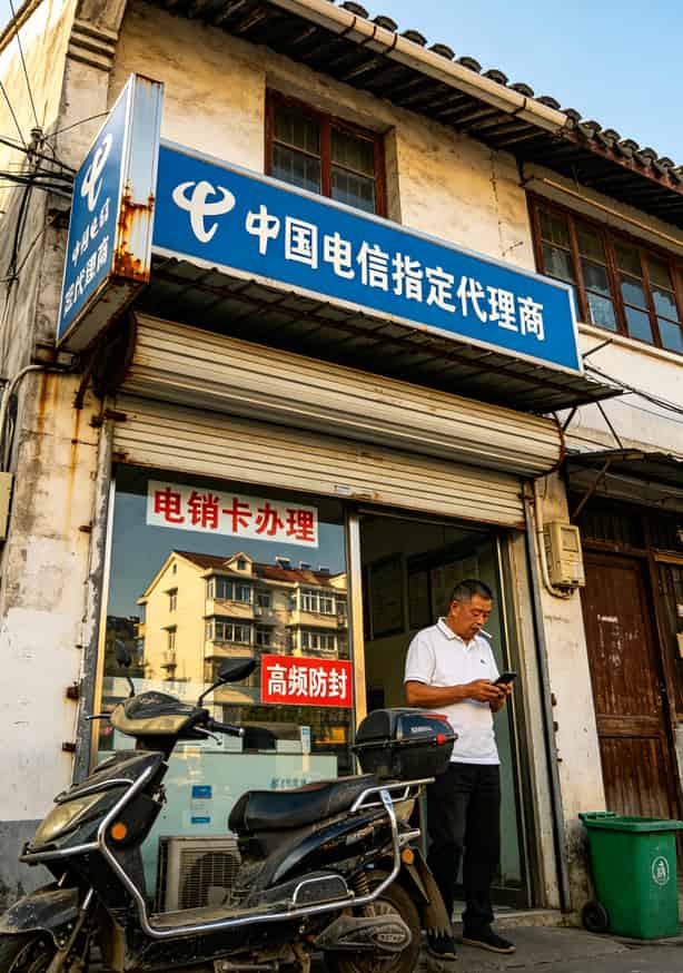 手机地图显示余姚某代理商门店位置，门口挂着运营商标识