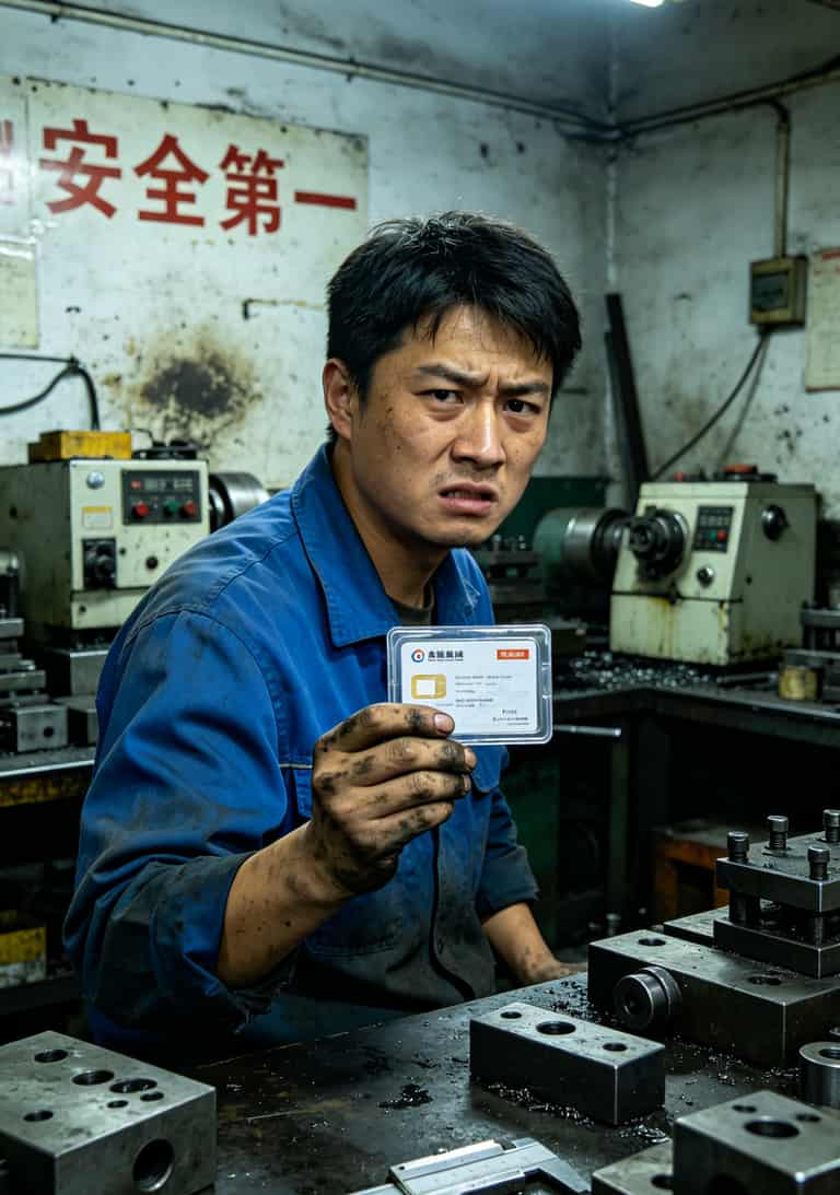 小刘在余姚模具城作坊里展示被封的电销卡