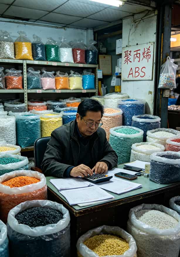 李老板在余姚塑料城档口算账的照片