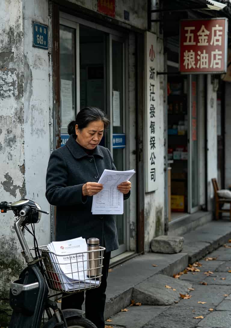 余姚市区街景图，保险销售李姐工作场景示意