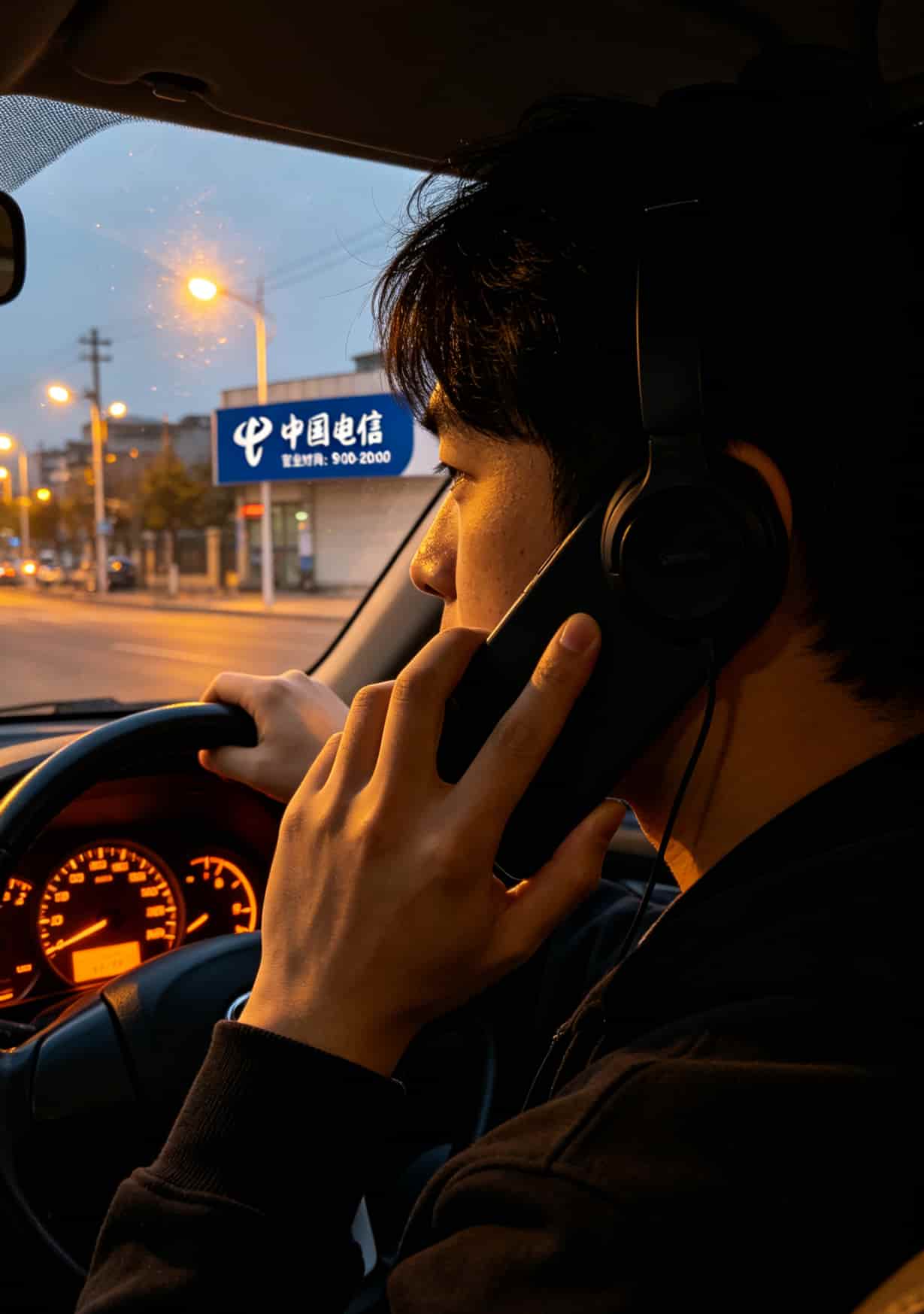 电销卡使用场景图，一个人戴着耳机在打电话