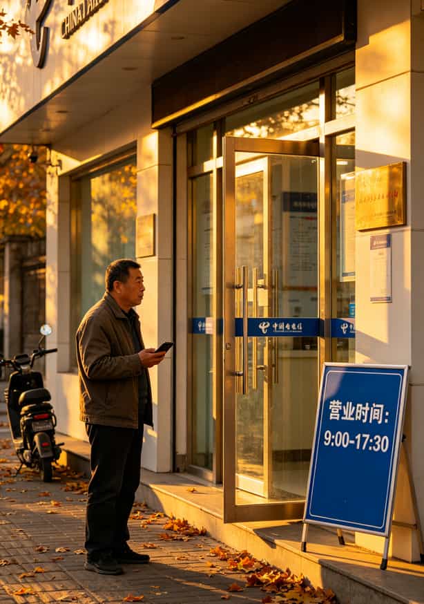 保定朝阳大街电信营业厅门口实拍，门口贴着营业时间牌