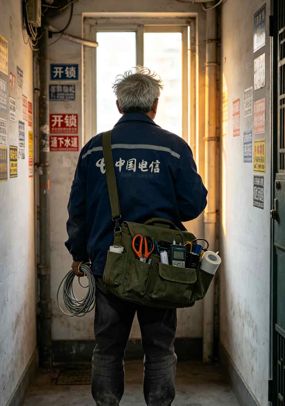 电信装维师傅老刘背着工具包站在楼道里的背影