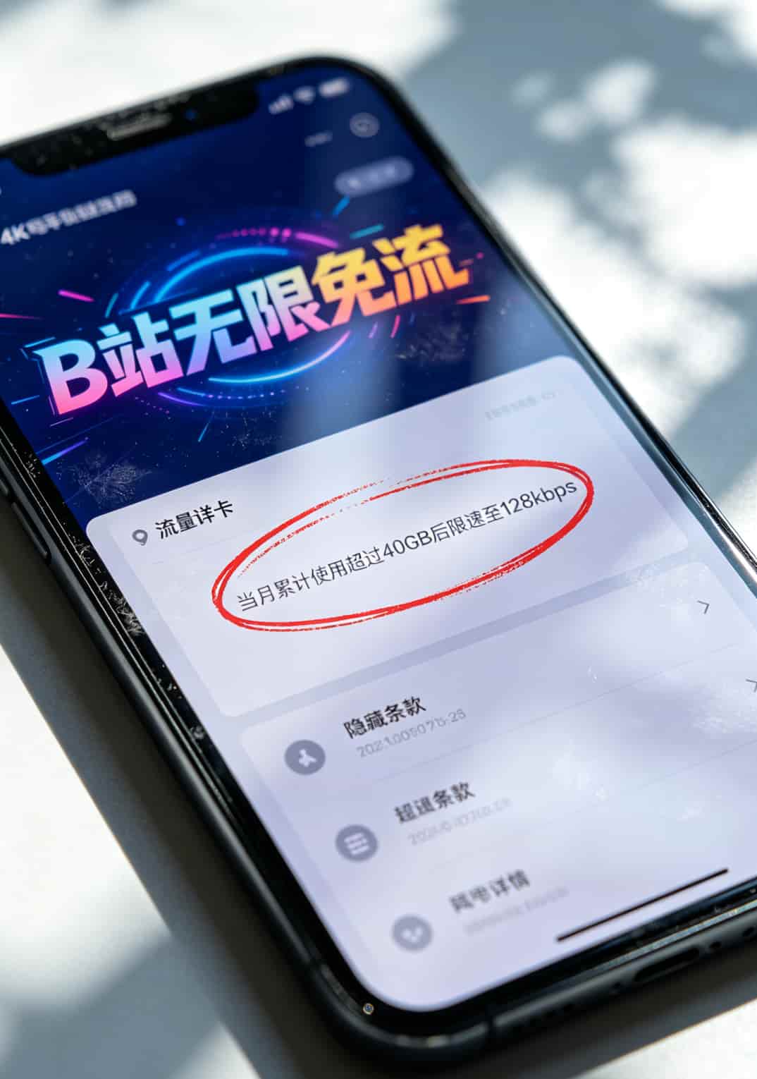 流量卡套餐详情页小字部分截图，红圈标出“限速规则”的灰色小字