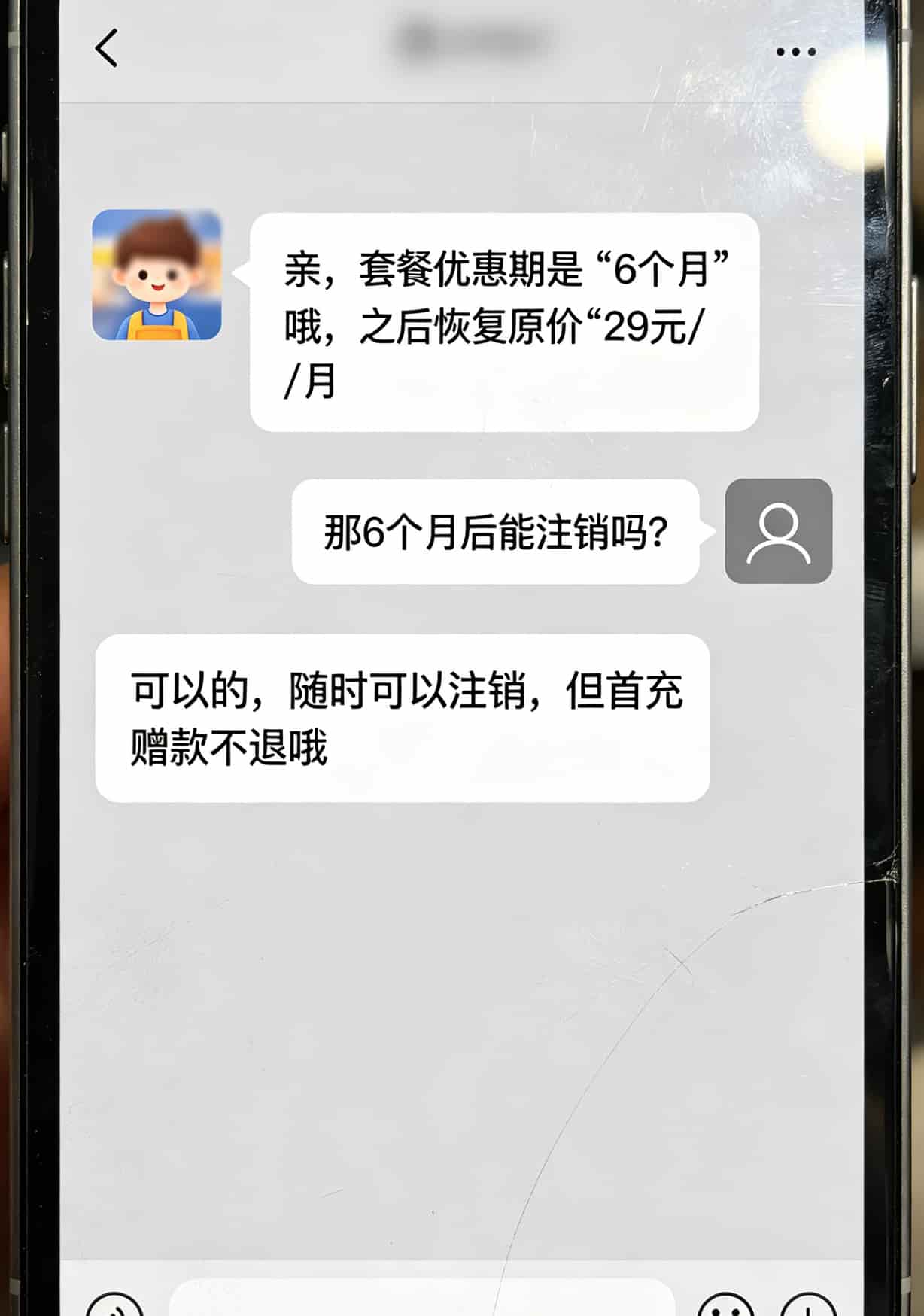 手机聊天记录截图，显示客服用小字说明“优惠期6个月，之后恢复原价”