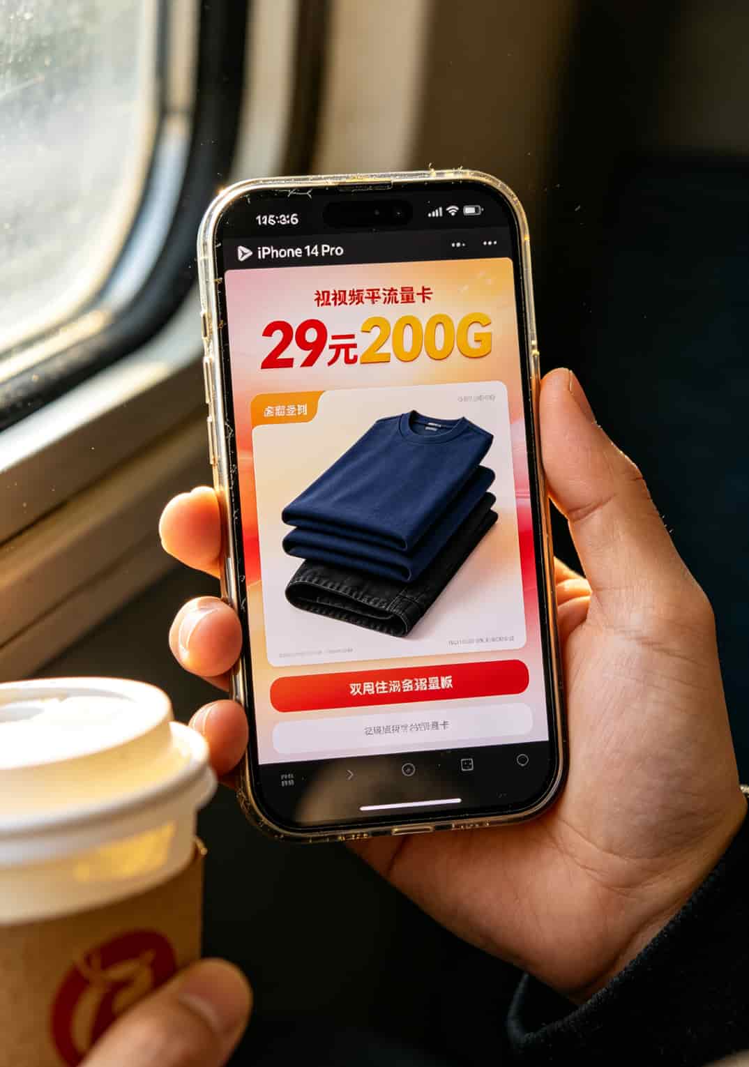 手机屏幕上显示29元200G流量卡广告，背景是褂子裤子的促销海报