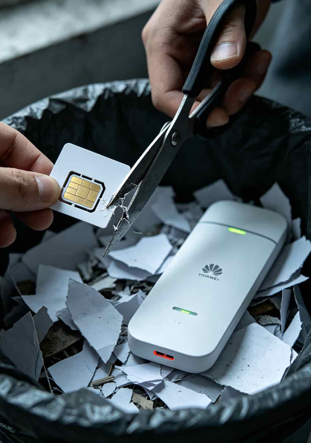 一张废弃的流量卡被剪成两半，旁边放着华为随身WiFi