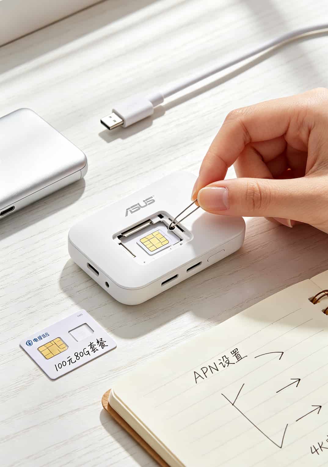 随身WiFi设备插卡和充电的正确操作示意图