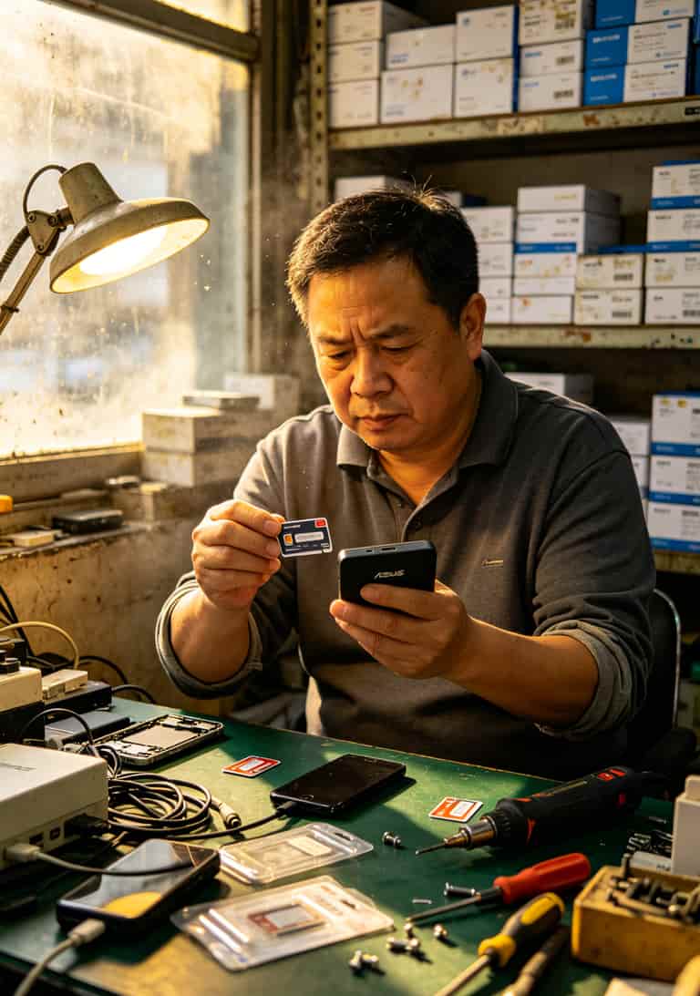 老张在长沙电脑城整理随身WiFi设备和流量卡的工作台