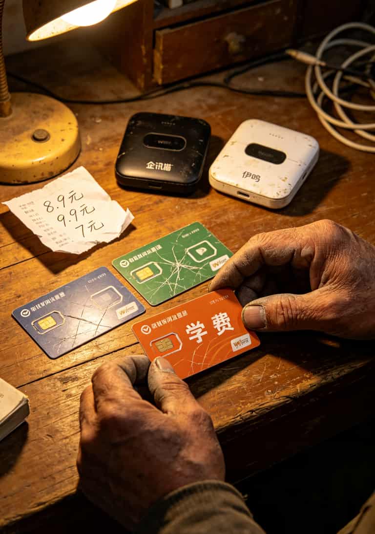 老张手里拿着的三张报废流量卡和两个随身WiFi设备