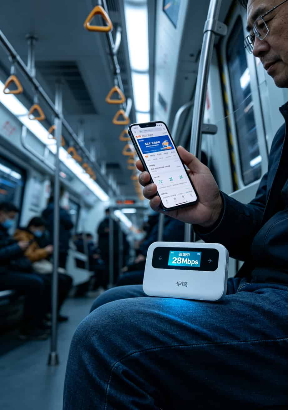 北京地铁10号线车厢内随身WiFi设备放在腿上正在测速