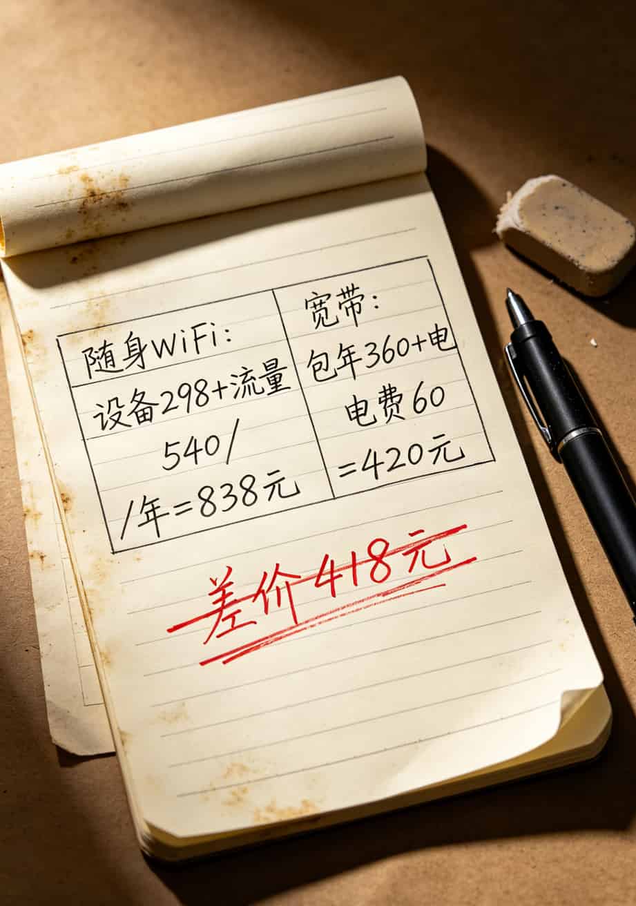 一张手写的成本对比表格左边随身WiFi右边宽带