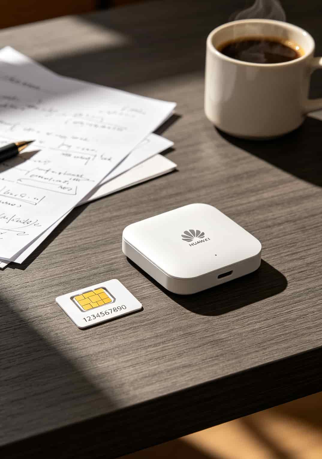 华为随身WiFi配“10位数流量卡”,出差三年我省下两千块(附避坑指南) 华为随身WiFi设备与10位数流量卡搭配示意